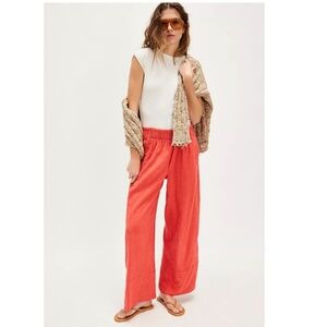 FREE PEOPLE Day’s End Linen Pull-On Wide Leg Pants Poppy Red Size XS
